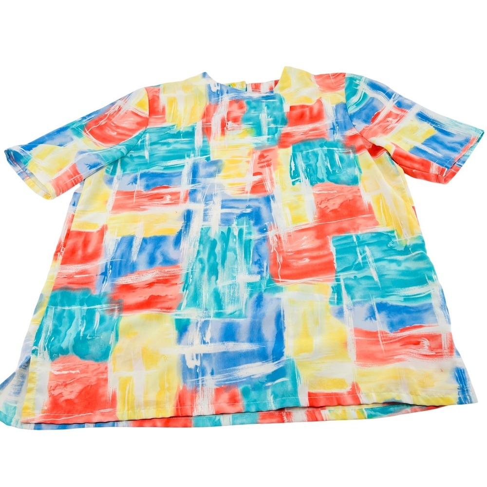 BonWorth Womens Abstract Grid Short Sleeve Top Red Blue‎ Yellow Vintage sz XL